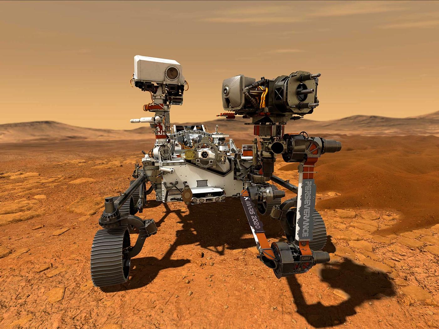 The Perseverance rover on the surface of Mars.